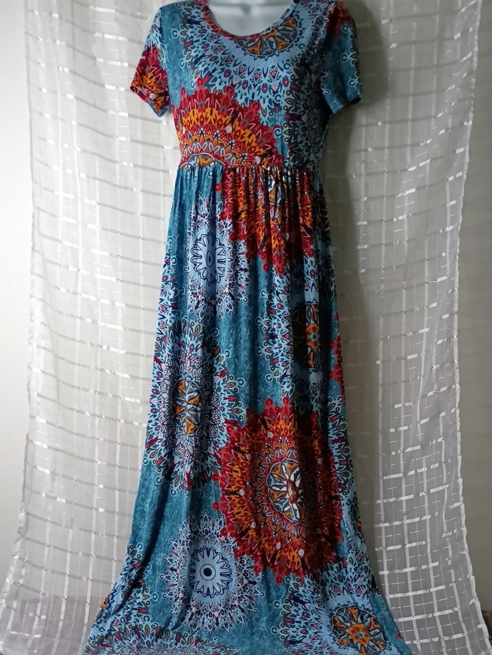 VIISHOW Bohemian Blue Printed Maxi Dress with Red & Orange Accents